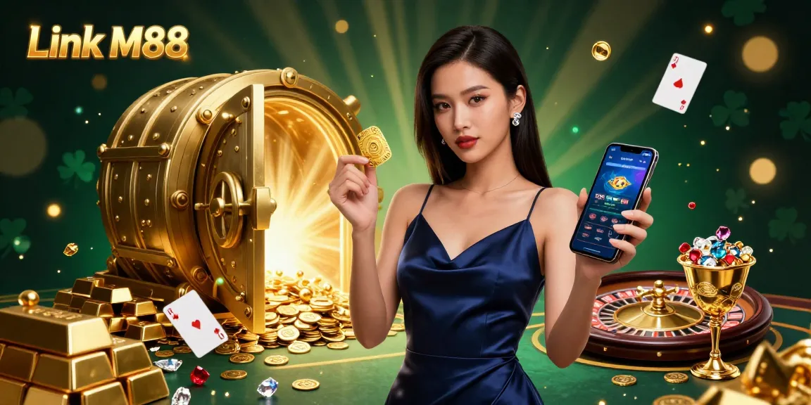 Engage with the immersive world of Link M88 where an elegant woman showcases a casino app, surrounded by gold treasures and vibrant gaming elements.