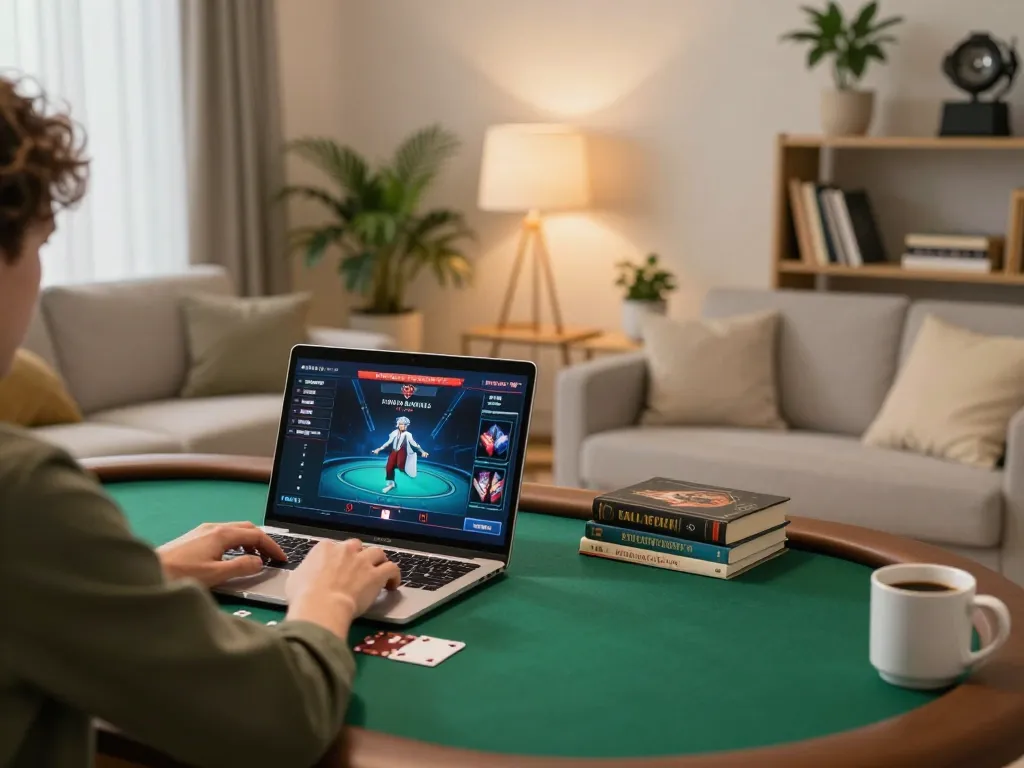 Engaging moment of a player using sc88vn for online poker in a cozy home setting, laptop open with the game interface.