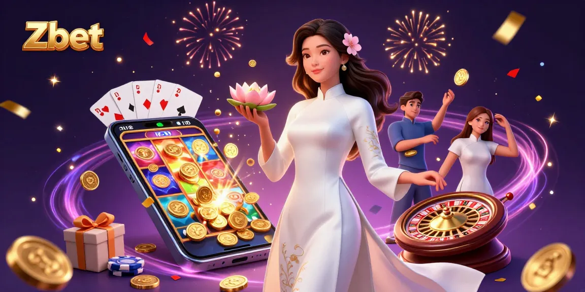 Zbet showcases an elegant Asian woman amidst vivid casino elements exuding excitement and charm.