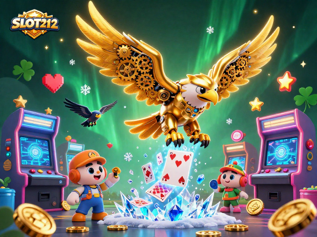 SLOT212 showcases a dynamic scene of a cybernetic eagle diving through holographic cards among vibrant gaming elements.