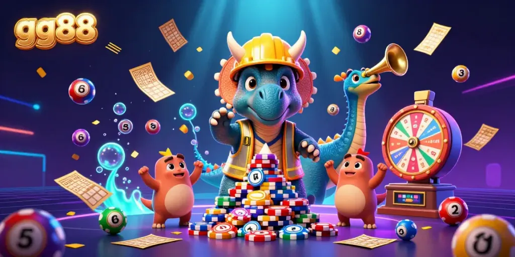 Win big with gg88 in a vibrant celebration of casino games featuring dinosaurs and colorful elements.