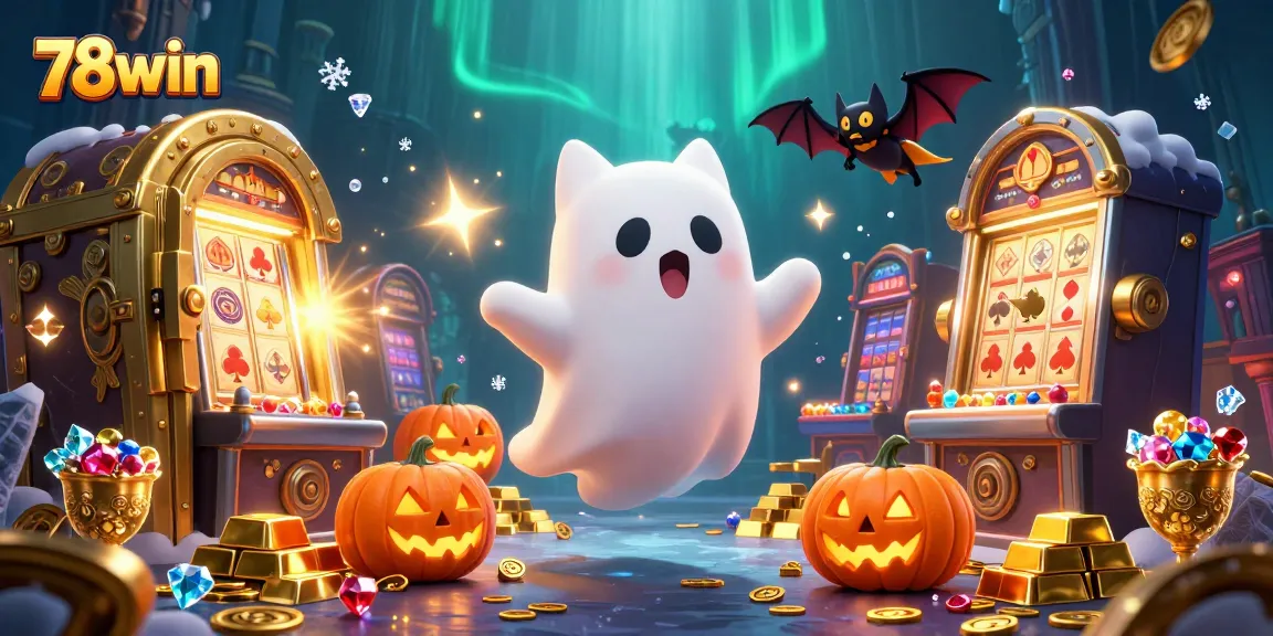 Experience thrilling action with 78win's ghostly cat and bat companions in a vibrant casino scene.
