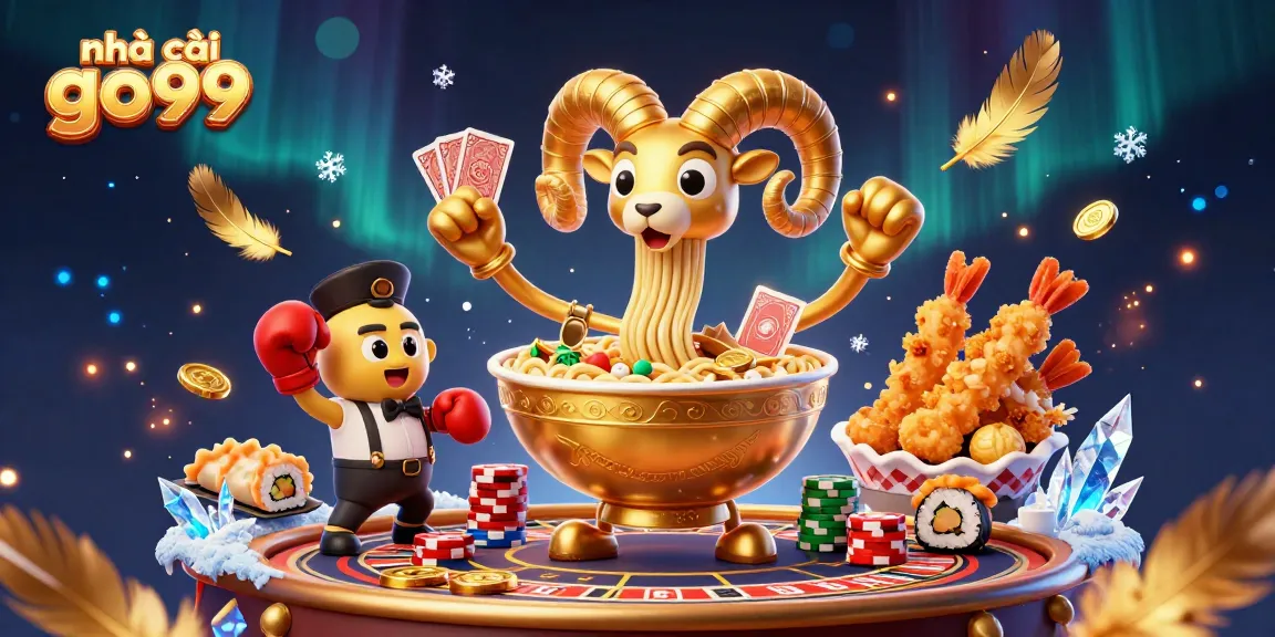 Engage with nhà cái go99 as a giant ramen bowl deals cards amidst a vibrant casino scene.