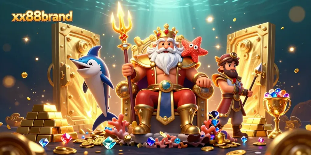 Experience winning moments with xx88brand, featuring Neptune and riches in a vibrant 3D casino scene.