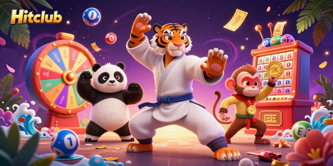 Hitclub showcases a playful scene with a kung fu tiger master and panda disciple amidst vibrant gambling elements.