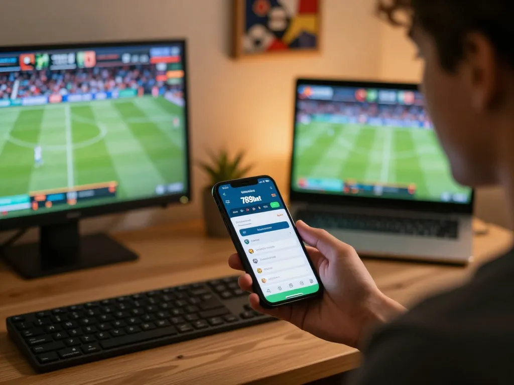 Place bets on live sports with the 789bet app in a modern home setting.