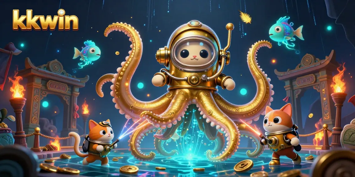 Engage with kkwin as a kraken emerges, showcasing a treasure-filled ocean scene enriched with vibrant gaming elements.