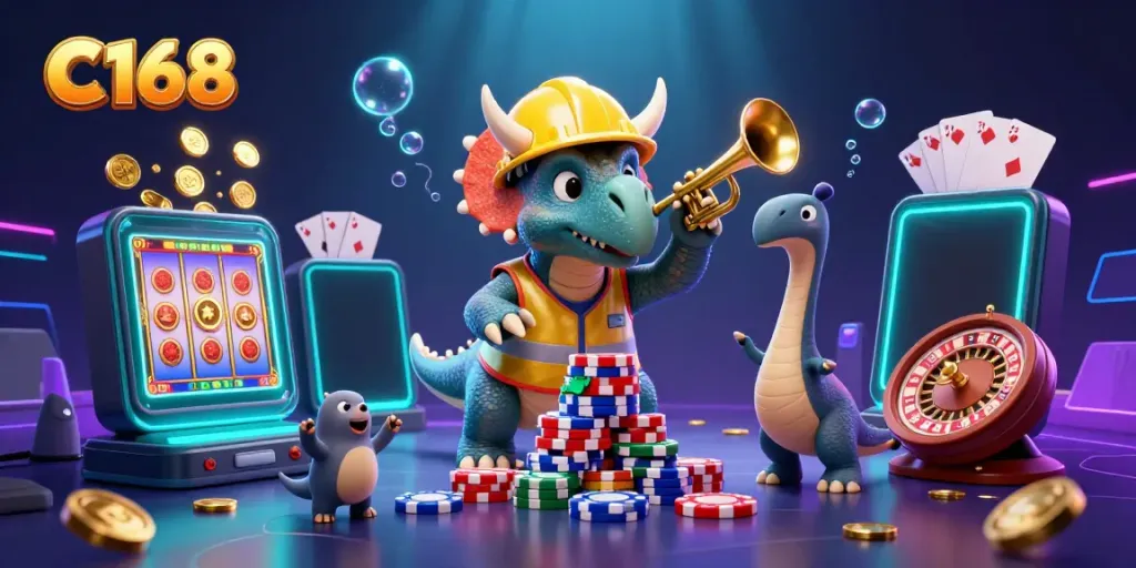 Experience winning at C168 with a vibrant scene showcasing a triceratops and a celebrating parasaurolophus amidst casino games.