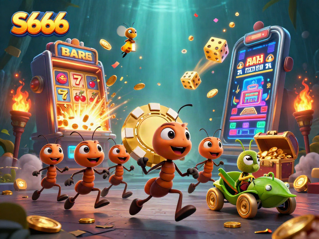 S666 showcases 3D ants executing a heist with a giant poker chip among dazzling casino treasures.