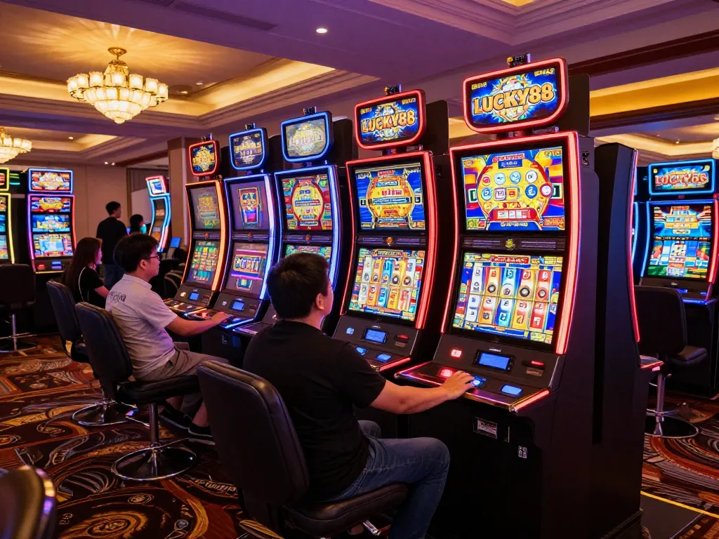 Players enjoying the excitement of LUCKY88 slot machines in a vibrant casino setting