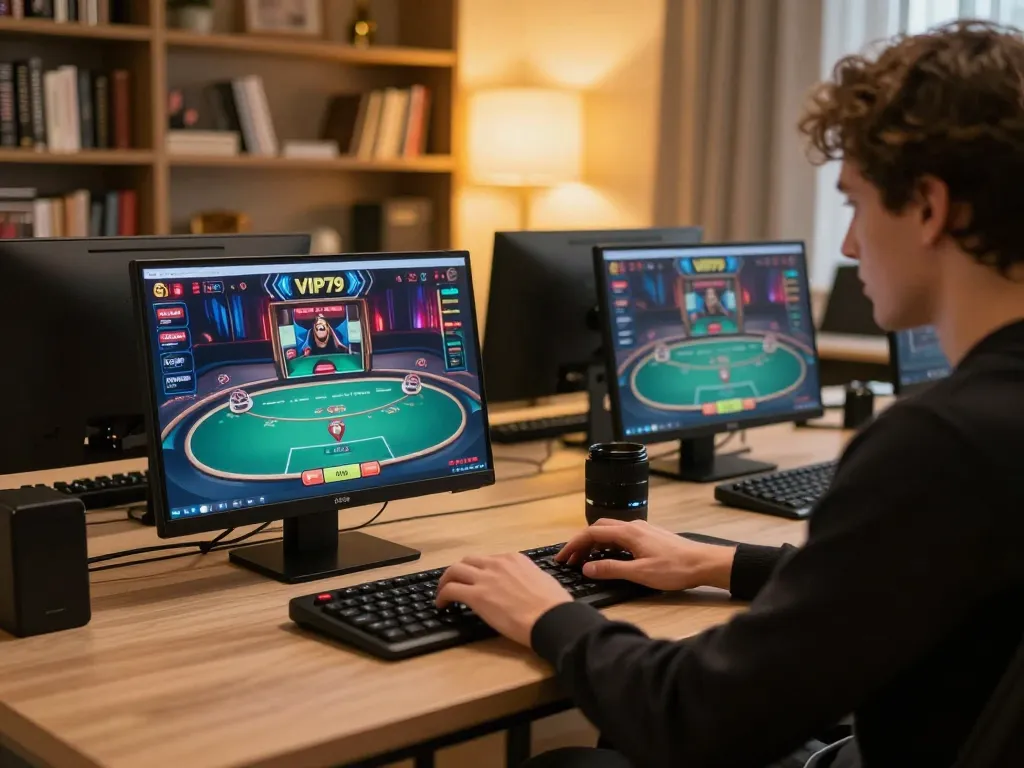Person engaged in VIP79 online casino gameplay, analyzing game strategies and betting options