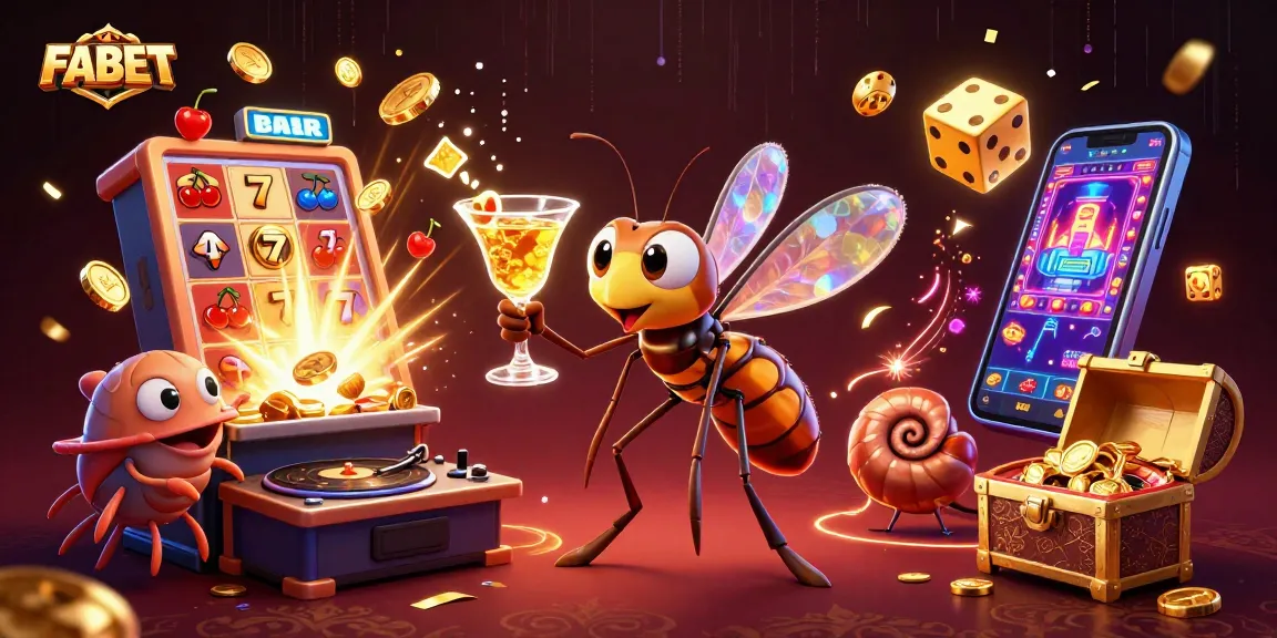 Experience FABET's vibrant casino scene with an energetic mosquito mascot and a trilobite DJ.