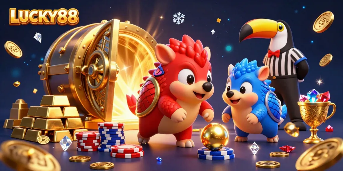 LUCKY88 pangolins compete in a casino scene with poker chips and treasure vaults.