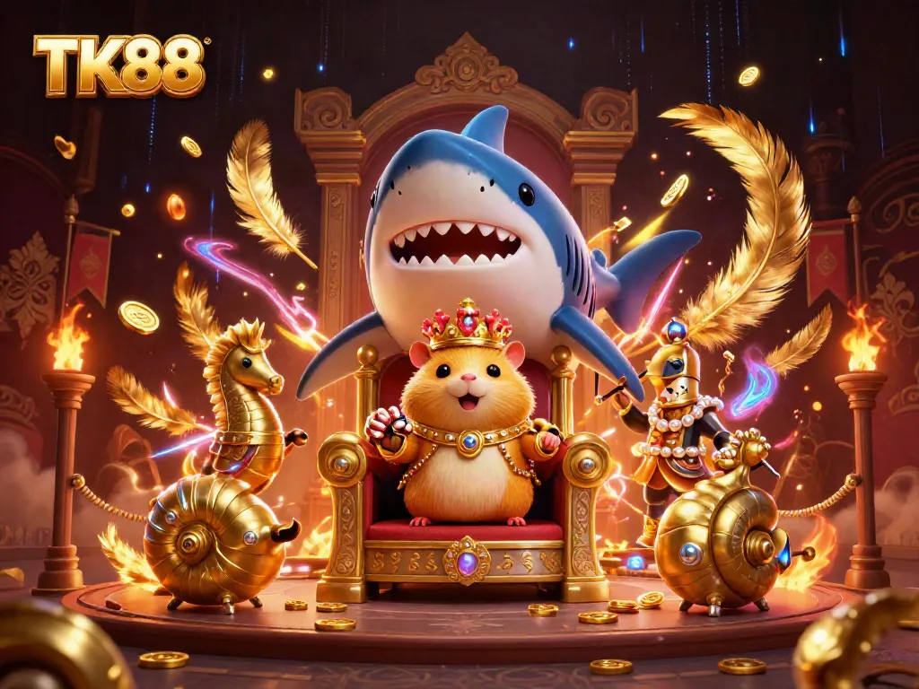 Experience the thrill of TK88's dynamic gambling arena featuring a fierce hamster king amidst golden treasures.
