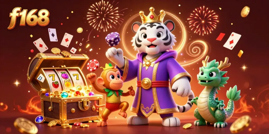 Experience the vibrant world of f168 where playful characters and immersive casino elements collide in a dazzling illustration.