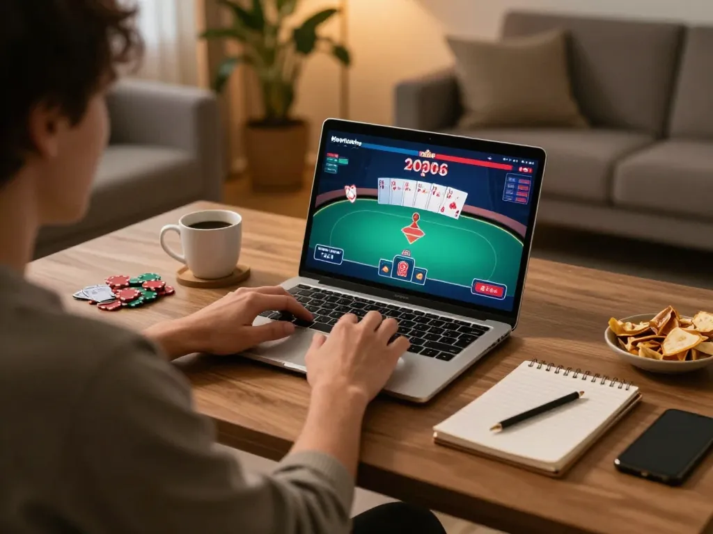 VB88 player engaging in online poker strategy on a laptop in a cozy home setting.