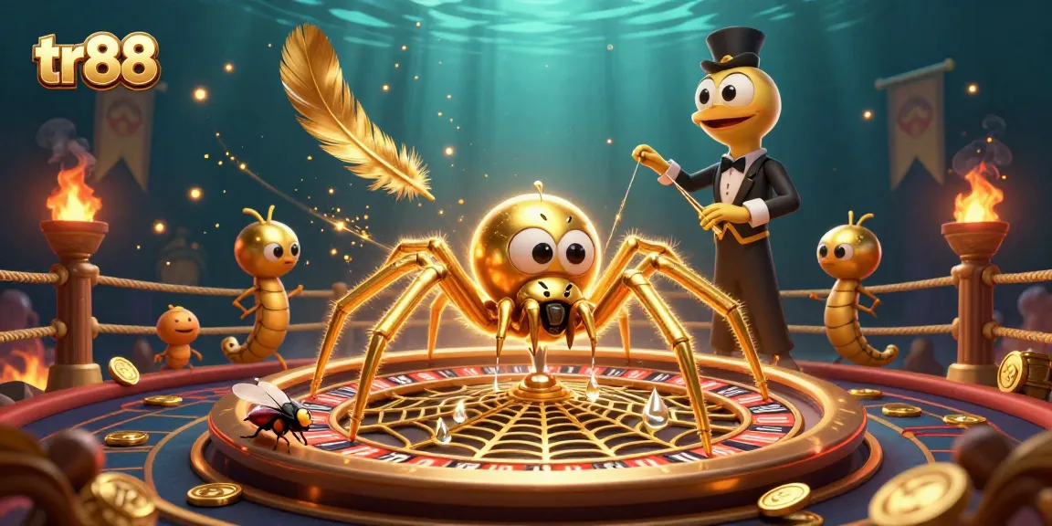 Spin the tr88 roulette with excitement as golden tokens and a lively web surround you.