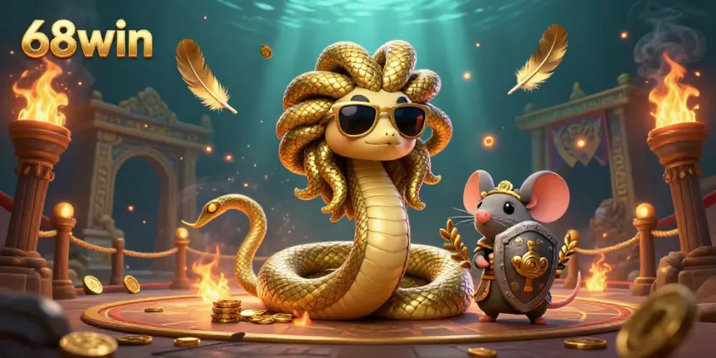 Experience the thrill of 68win with Medusa and a warrior mouse in a vibrant gambling arena.