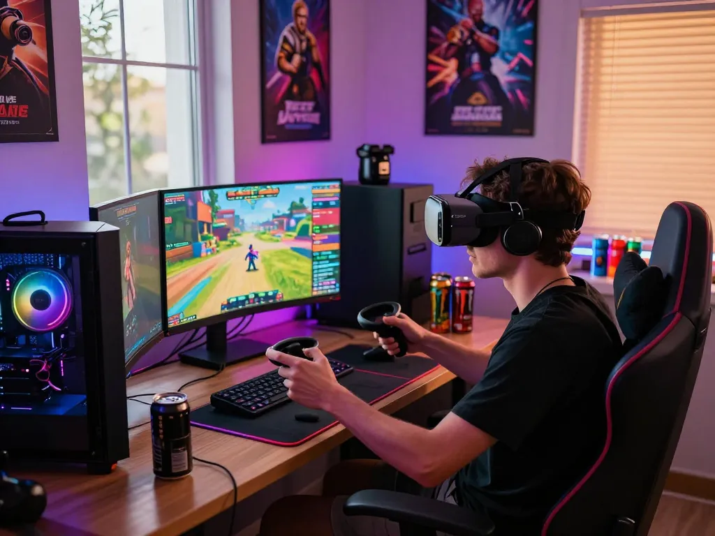 Player immersed in a thrilling gaming experience at https://rikviprent.com, surrounded by high-end gear and vibrant graphics.