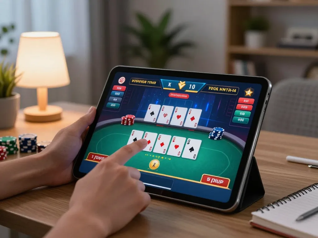 Engaging scene of a player at nhà cái tt88 using a tablet for online poker in a cozy atmosphere