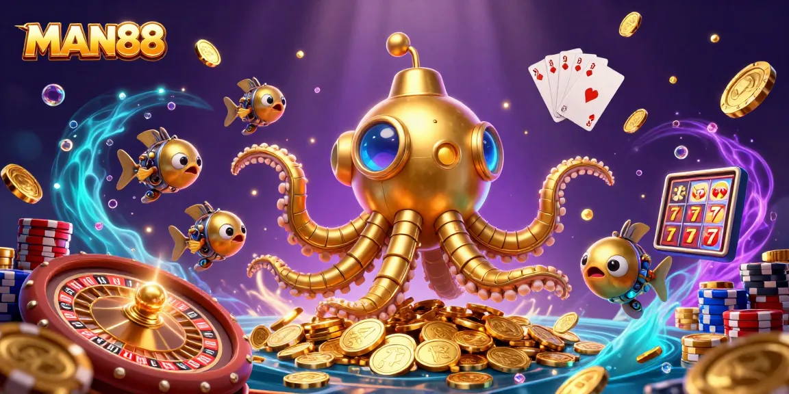Engage in thrilling gaming at MAN88 with a dynamic scene of winning moments and exciting casino elements.