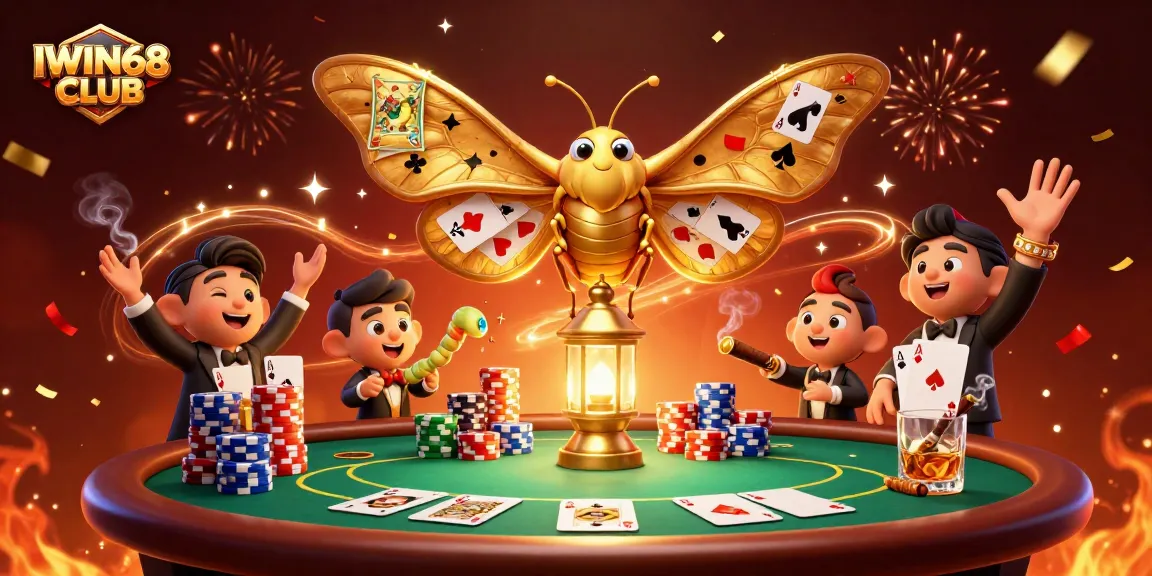 IWIN68 CLUB showcases a vibrant casino scene with rich details, featuring a 3D moth, poker elements, and celebratory effects.