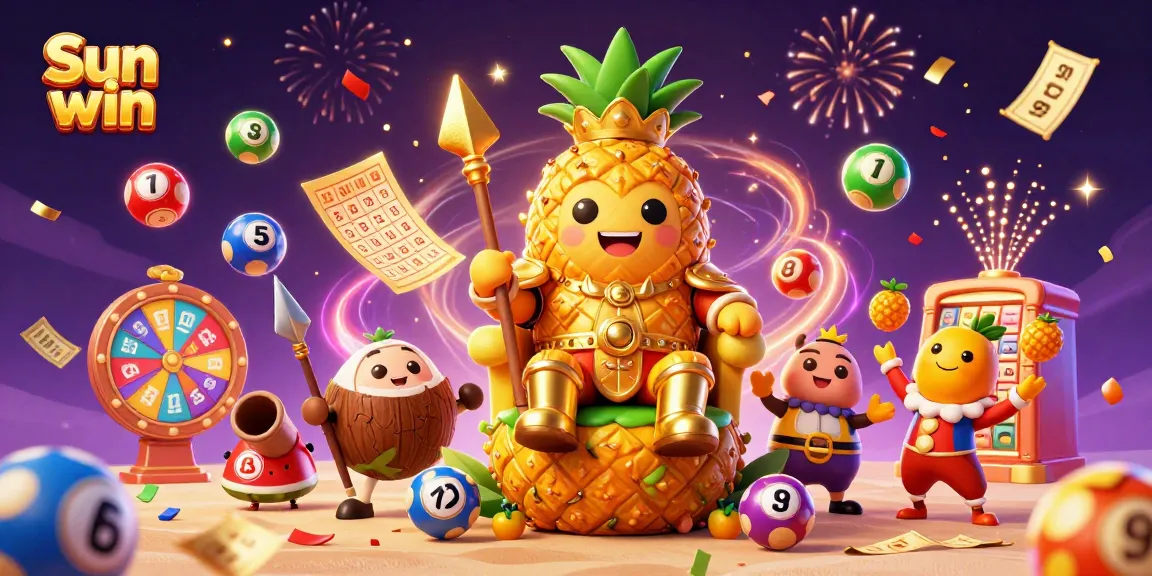 Sun win captures excitement with vivid lottery balls and a golden pineapple king in a dynamic casino scene.