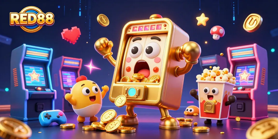 Watch RED88's golden slot machine celebrating its jackpot with coins overflowing and cheering baby slots.