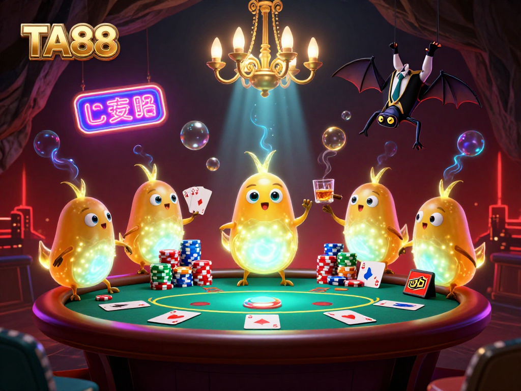 TA88 glowworms illuminate a vibrant poker scene in a cave casino, enhancing the gaming atmosphere.