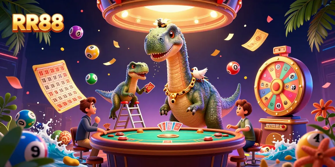 Play exciting casino games at RR88 with vibrant lottery elements and engaging characters in a dynamic scene.