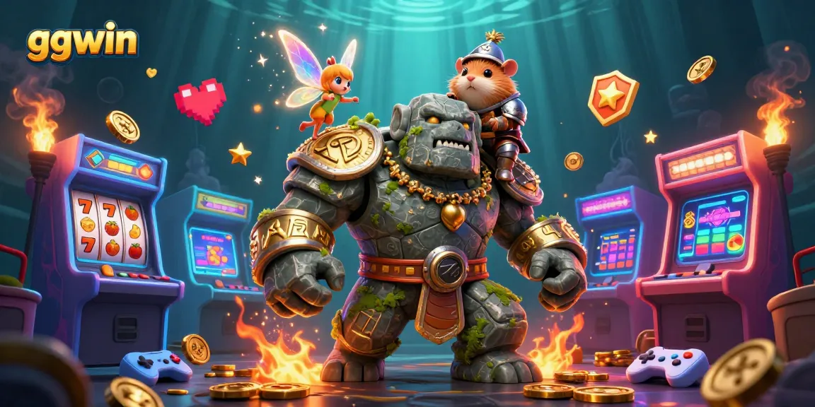 Experience thrilling gameplay with ggwin as a stone golem guardian and animated characters navigate the casino.