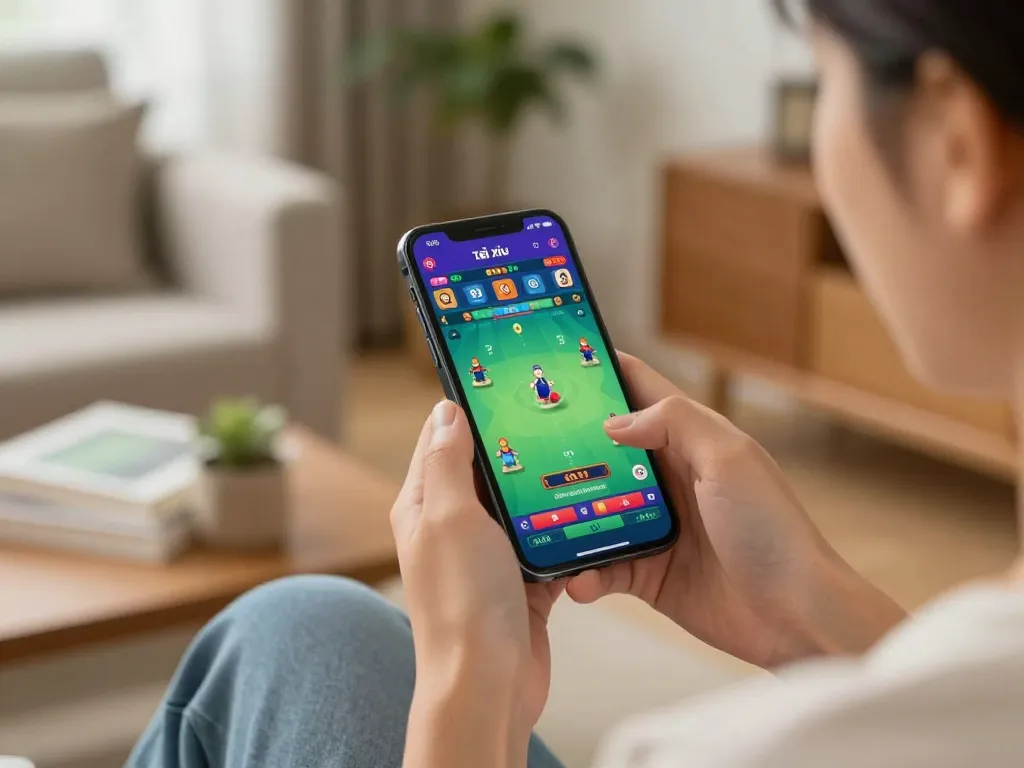 Engaging with app tài xỉu online on a smartphone in a cozy living room setting, showcasing mobile gaming.