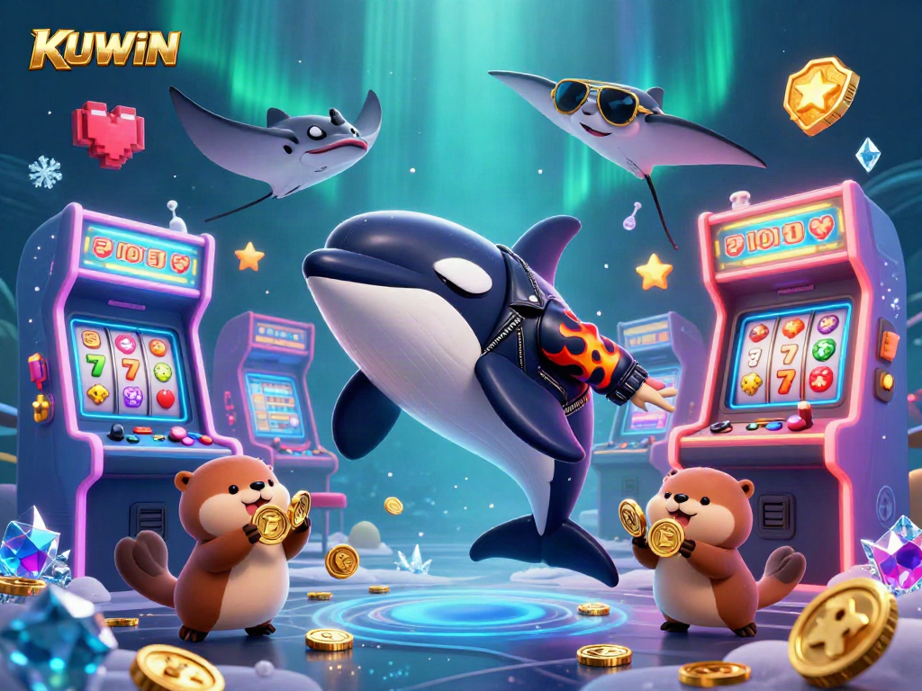 Join the exciting KUWIN casino experience with a vibrant underwater scene featuring animated characters and golden treasures.