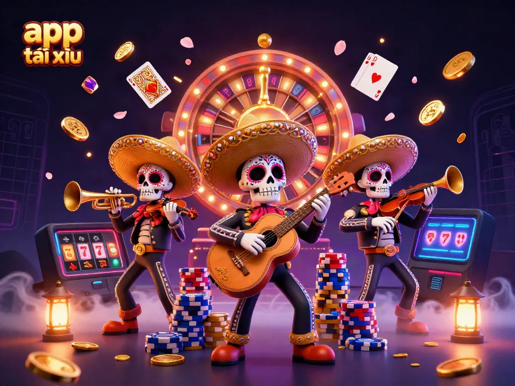 Experience the thrill of app tài xỉu with an energetic mariachi band promoting a captivating casino scene.