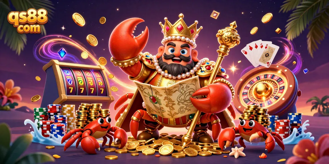Experience the excitement of qs88 com with a vibrant scene of a golden crab emperor amidst casino elements, showcasing winning moments.