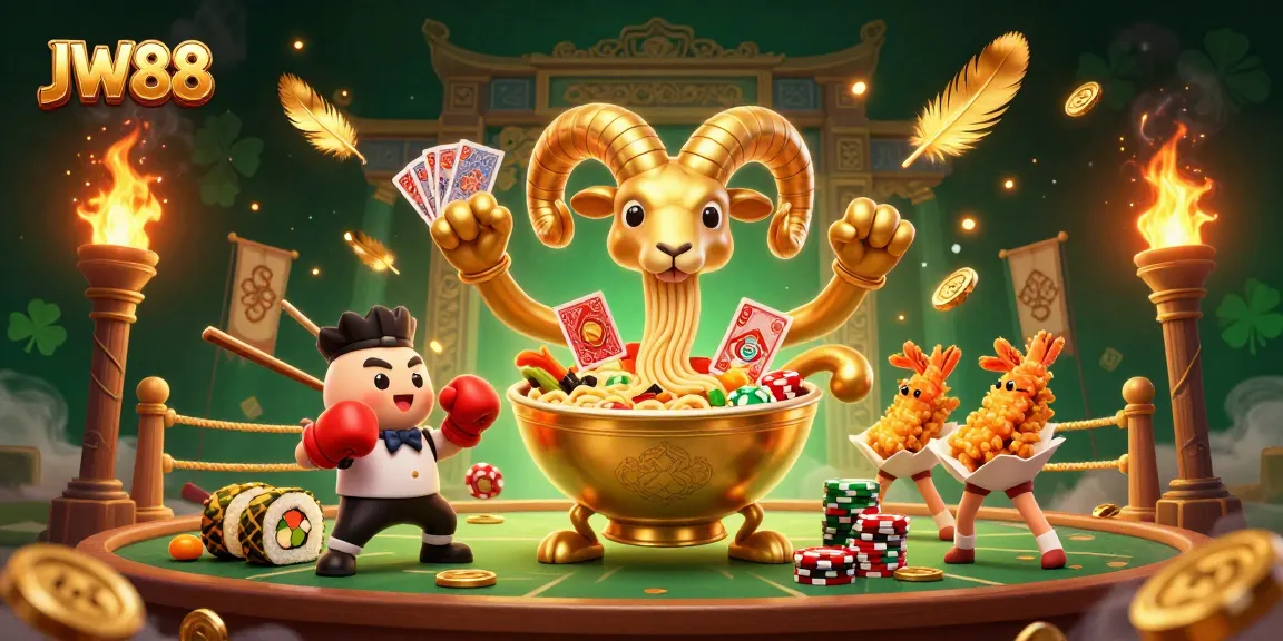 Experience the thrills of JW88 online casino as the giant ramen bowl character deals cards and chips.