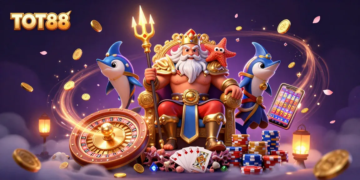 Experience thrilling gaming at TOT88 with vibrant 3D casino elements and characters in an engaging scene.
