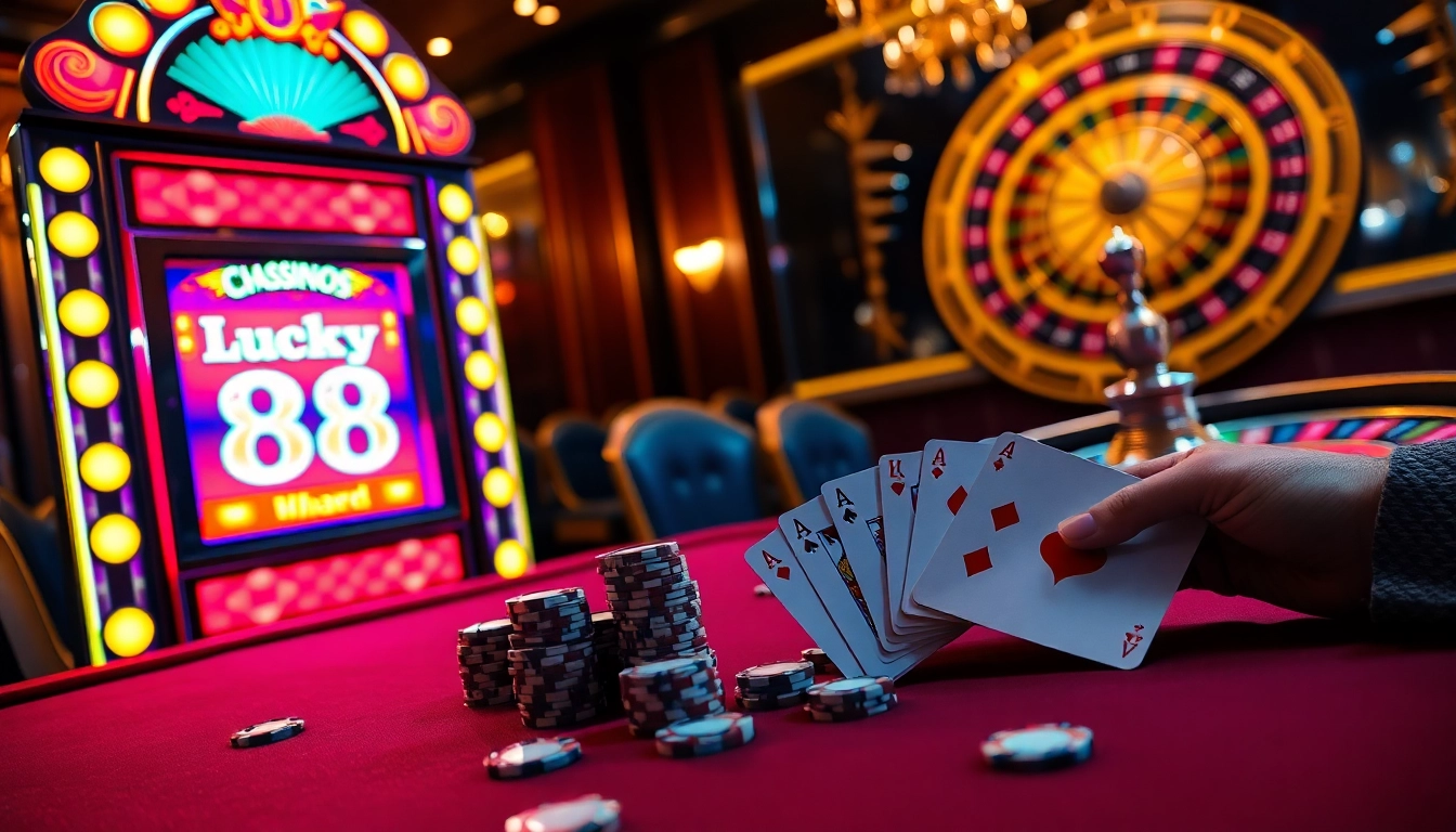 Experience the thrill of playing lucky88 at a glamorous casino with vibrant slot machines.