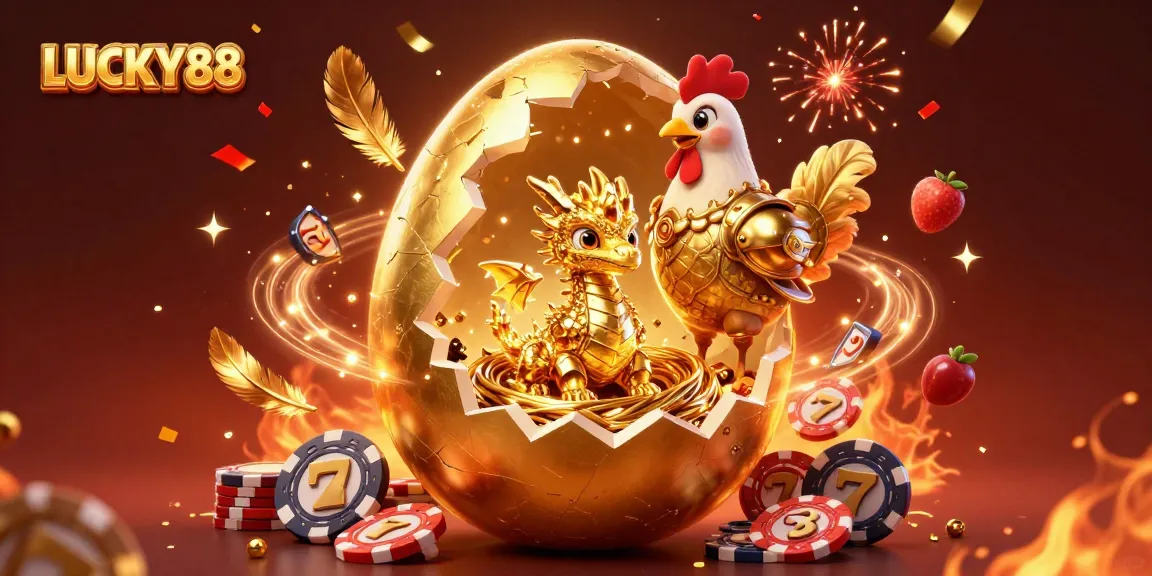 Experience the excitement of LUCKY88 with a stunning illustration of winning dragons and vibrant slot elements.