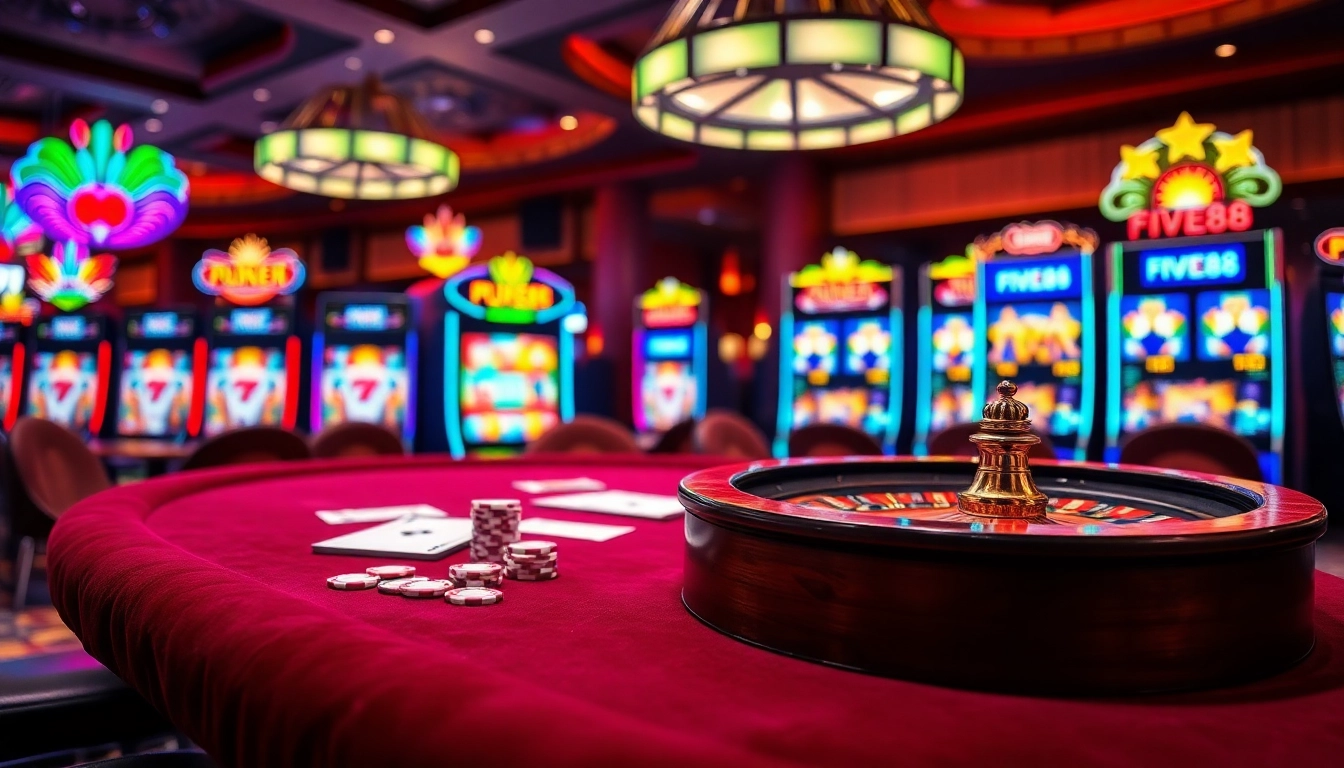 Experience the excitement of FIVE88 with a luxurious casino gaming table and vibrant slot machines.