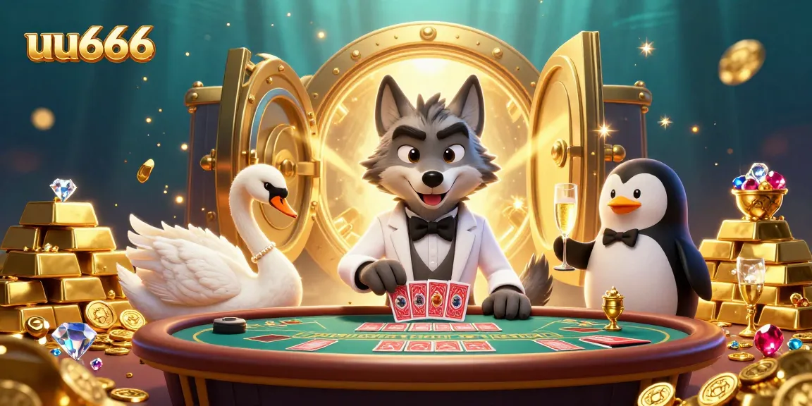 uu666 players enjoy a luxurious baccarat experience with elegant characters at a lavish casino table.