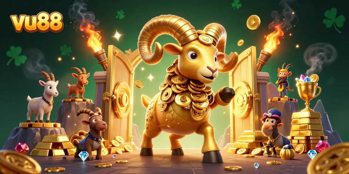 Experience thrilling gameplay with vu88 Casino, featuring a golden ram and treasures.