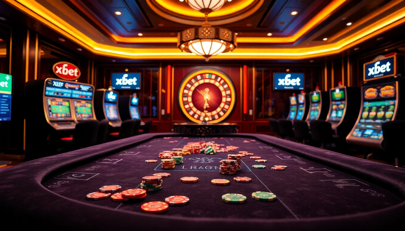Xibet casino experience with poker tables, chips, and roulette wheels in vibrant ambiance.