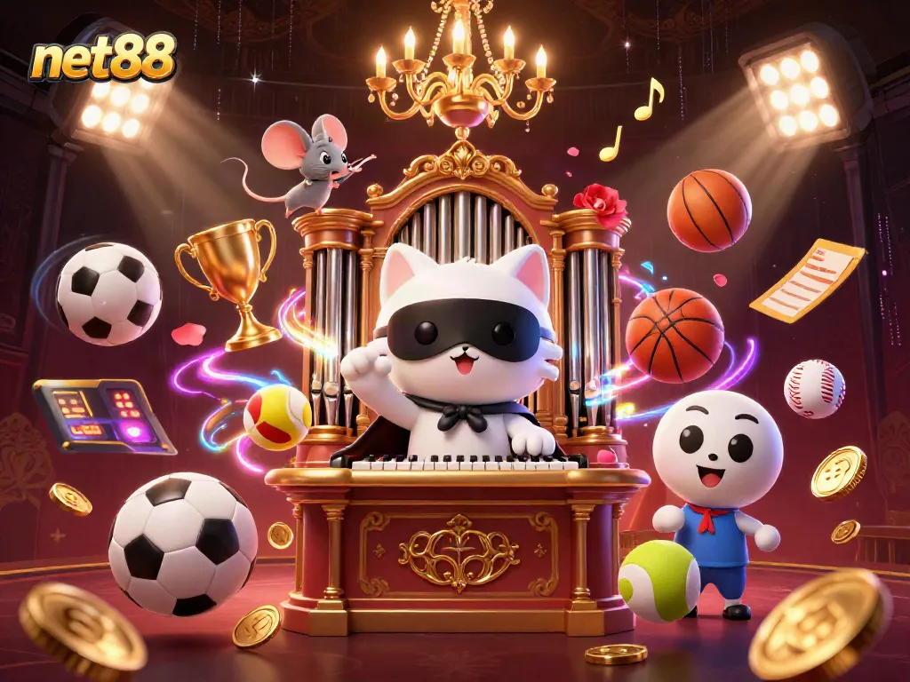 Experience the thrill of betting at net88 with a festive casino scene featuring unique characters and dynamic elements.