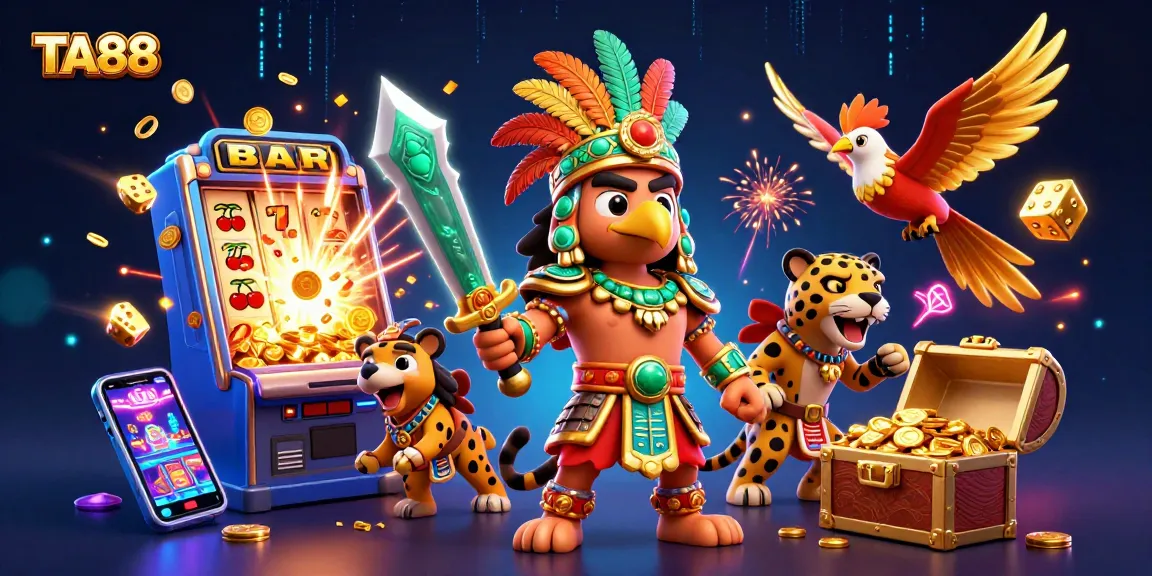 Play thrilling games at TA88 with a vibrant illustrated scene showcasing slot machines and exciting casino elements.