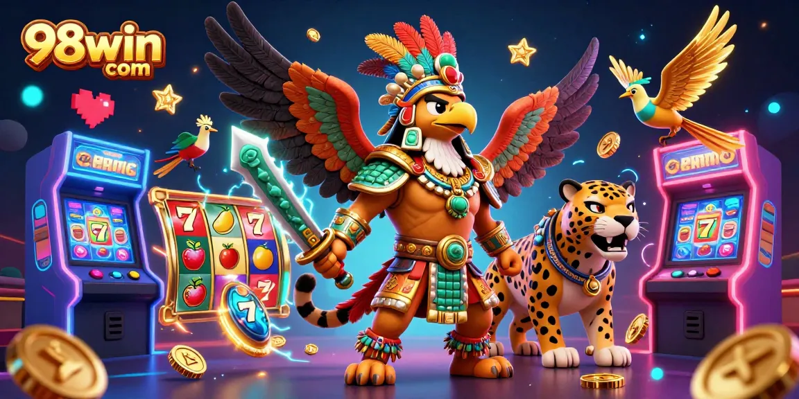 Engage with 98win com's vibrant gaming world featuring an Aztec warrior and slot elements.