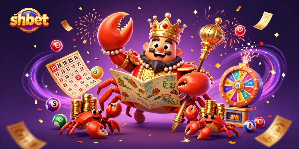 Enjoy thrilling adventures with SHBET as colorful lottery elements surround a grand crab emperor.