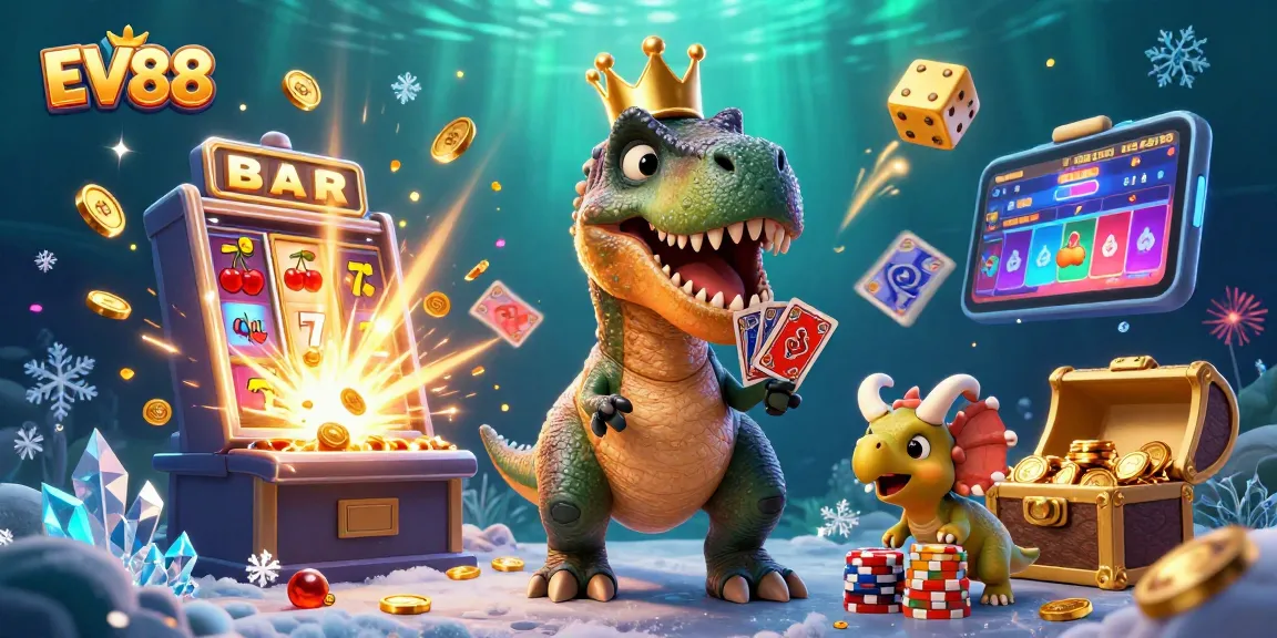 Experience the fun of EV88 with a colorful and dynamic casino scene featuring adorable dinosaur characters.