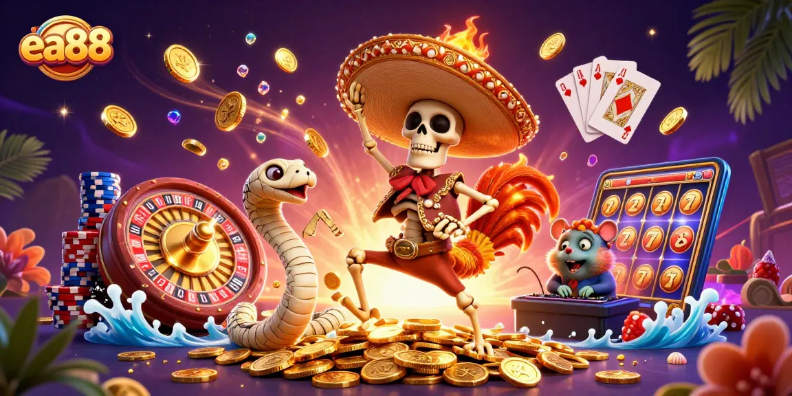 Celebrate winning at ea88 with vibrant 3D characters dancing on golden coins in a casino.