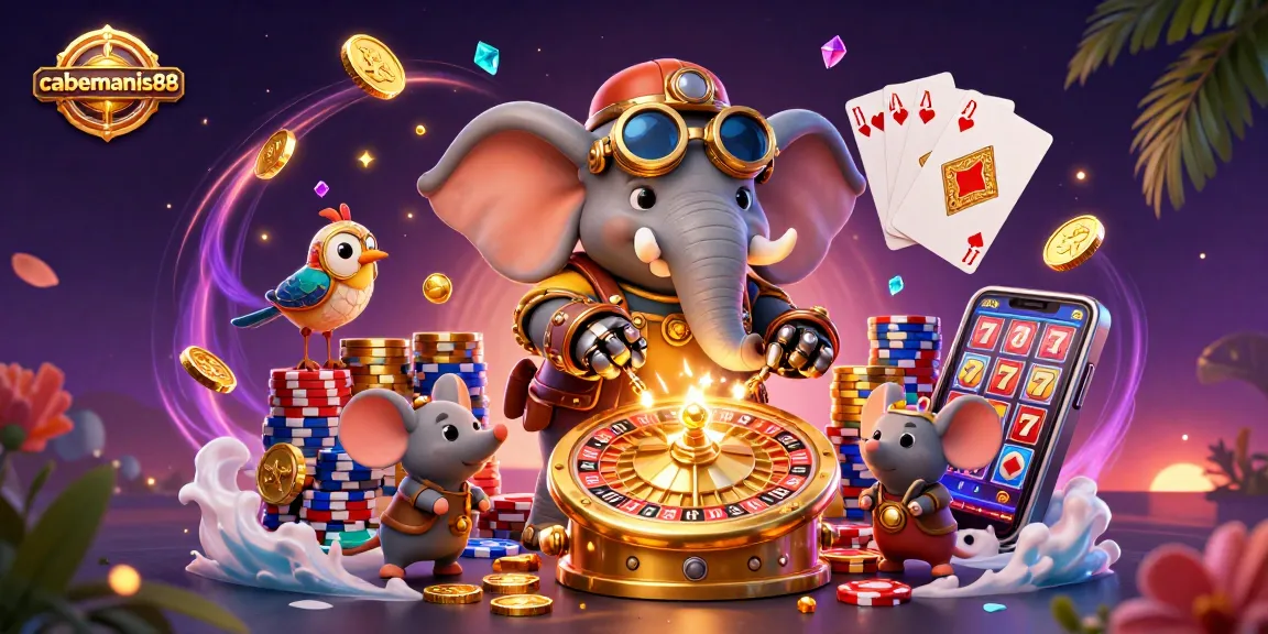 Cabemanis88 showcases a vibrant 3D illustration of a steampunk elephant operating a slot machine, surrounded by casino elements.
